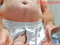 Master Ramon's short warm up massage in hot silver satin shorts, jerk off at full throttle, full version