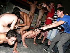 Warehouse orgy with submissive gay pledges and more