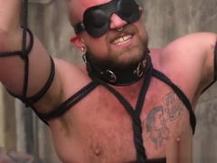 Tied sub restrained outdoors for cocksucking