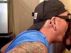 Tattooed gloryhole daddy sucks dick for cum in mouth at his place