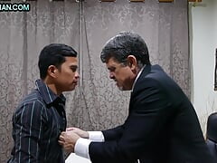 Asian twink barebacked by white business DILF in office