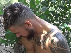 Boyfriends share their outdoor fun play in a sexy closeup scene