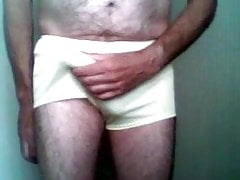 Showing off my erect cock in silky nylon shorts