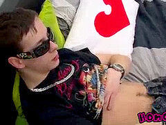Euro lad with sunglasses milking his gigantic pole until cum