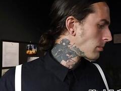 Tattooed stud barebacked in office by crossdresser colleague