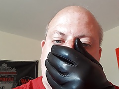 Horny leather gloves cum