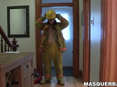 Hunky fireman slowly strips naked and wanks off his cock