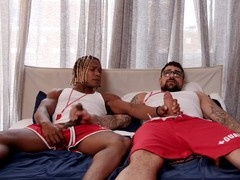 Heteroflexible lifeguards Adrian Hart and Ryan Bones have a side-by-side handjob session before their shift