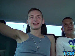 youthfull homosexual spitroasted in threesome after picked up by car
