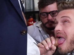 Three perverts are in the office and give each other blowjobs