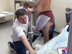 Amputee man in prosthetic workshop