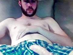 Straight bearded guy shows his massive flaccid cock in short