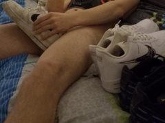 Young teenager masturbates off his dick and splashes on the sneaker