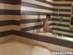 Masked ripped guy shows of enormous cock during shower