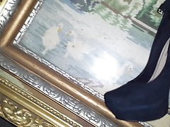 Cum on black suede high heels