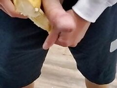 Playing with my banana and comparing size with my cock