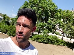 Perfect body man naked on public bench