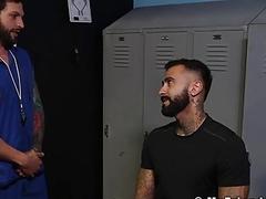 Foot worshipping with tattooed jocks