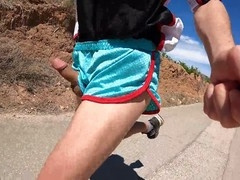 Thong bulge, public masturbating, in shorts