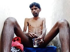 Rajesh masturbating dick on the stairs and Cumming in glass