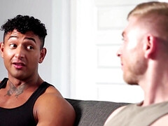 Muscular Latino and a pale blond making magic together