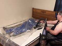 Dec 11 2022 - VacPacked in slvrbrboy1s coveralls in my PVC sleepsack with his shirt & my PVC face shield