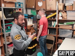 Bearded security officer pounding young thiefs tight ass