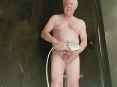 Obese European granddad enjoys a shower and anal self-pleasure