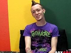 Skinny punk rock twink strips to masturbate after an interview