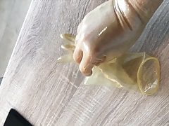 Put on my transparent LATEX GLOVES close up