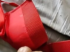 Very quick cum on worn red C cup bra