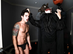 Horny guys enjoy Halloween foreplay at first
