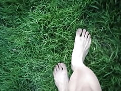 Jon Arteen in short shorts walks on grass barefoot, shows his boy soles, smiles for you  Boy foot fetish, sexy twink on grass, n