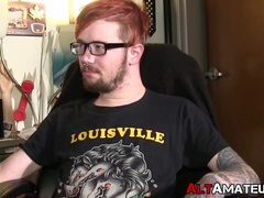 Inked punk jerking off while watching hard Japanese porn