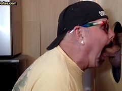 Amateur gay daddy sucking cock up close at the gloryhole