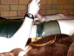 Clear TPE Fleshlight wank & cum in latex on waterbed
