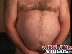 Bearded mature bear plays with his fat shaft and shoots cum