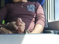 Handjob and cum on the train