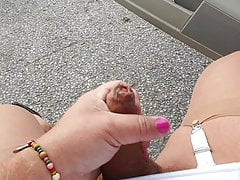Crossdresser in nylons and heels cums during roadtrip