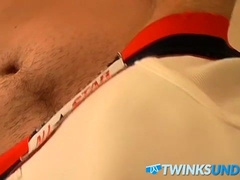 Homo rubs his cock and cums without taking his undies off