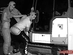Risky outdoor public blowjob and bareback on an excavator