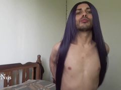 Fellow combs his hair to go to work as a ts