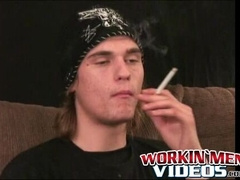 Skinny amateur strokes his big cock before solo cumshot