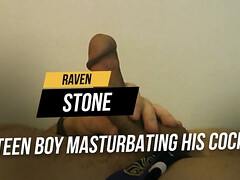 Teen boy masturbating his cock on the bed