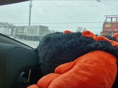 Lean college girl on the autobahn highway hops on father's mighty hard-on in a cab!