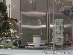 Hunky older guy barebacks his stunning tranny neighbor