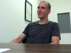 Bald newcomer riding cock bareback in a casting porn video