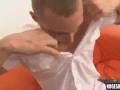 Clean-Shaven guy fellates a large uncircumcised shaft