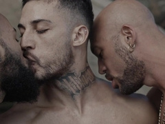 Appealing men make out in outdoor group sex by the beach