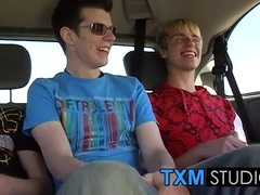 Picking up cute twink Todd for hard threesome sex in the car